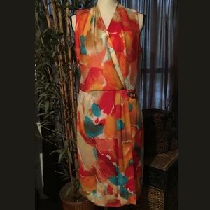 Leslie Stuart Watercolor Dress Size 8 EUC green orange